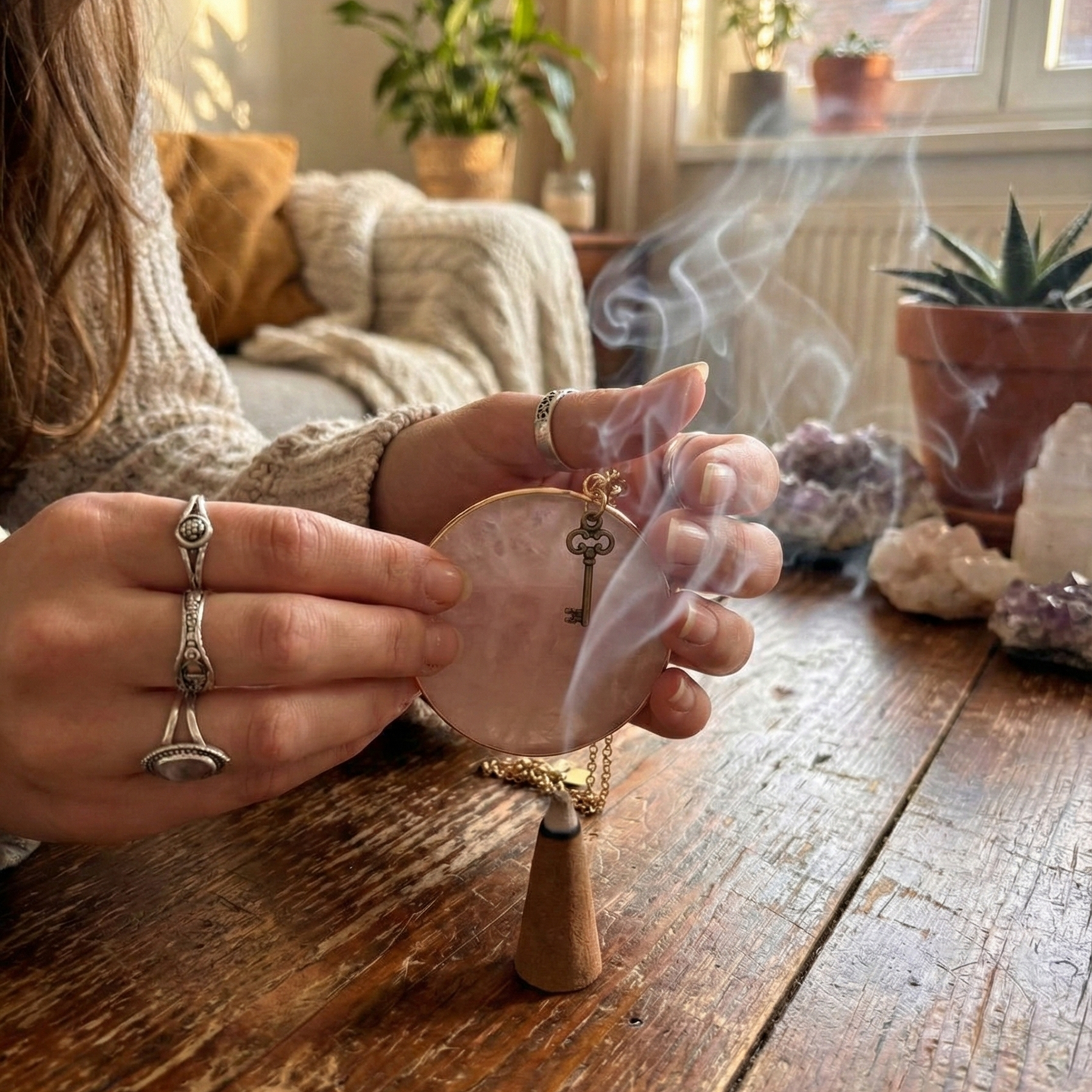 🌸 Colgante Engastado de Cuarzo Rosa · Auto-cuidado suave cada día