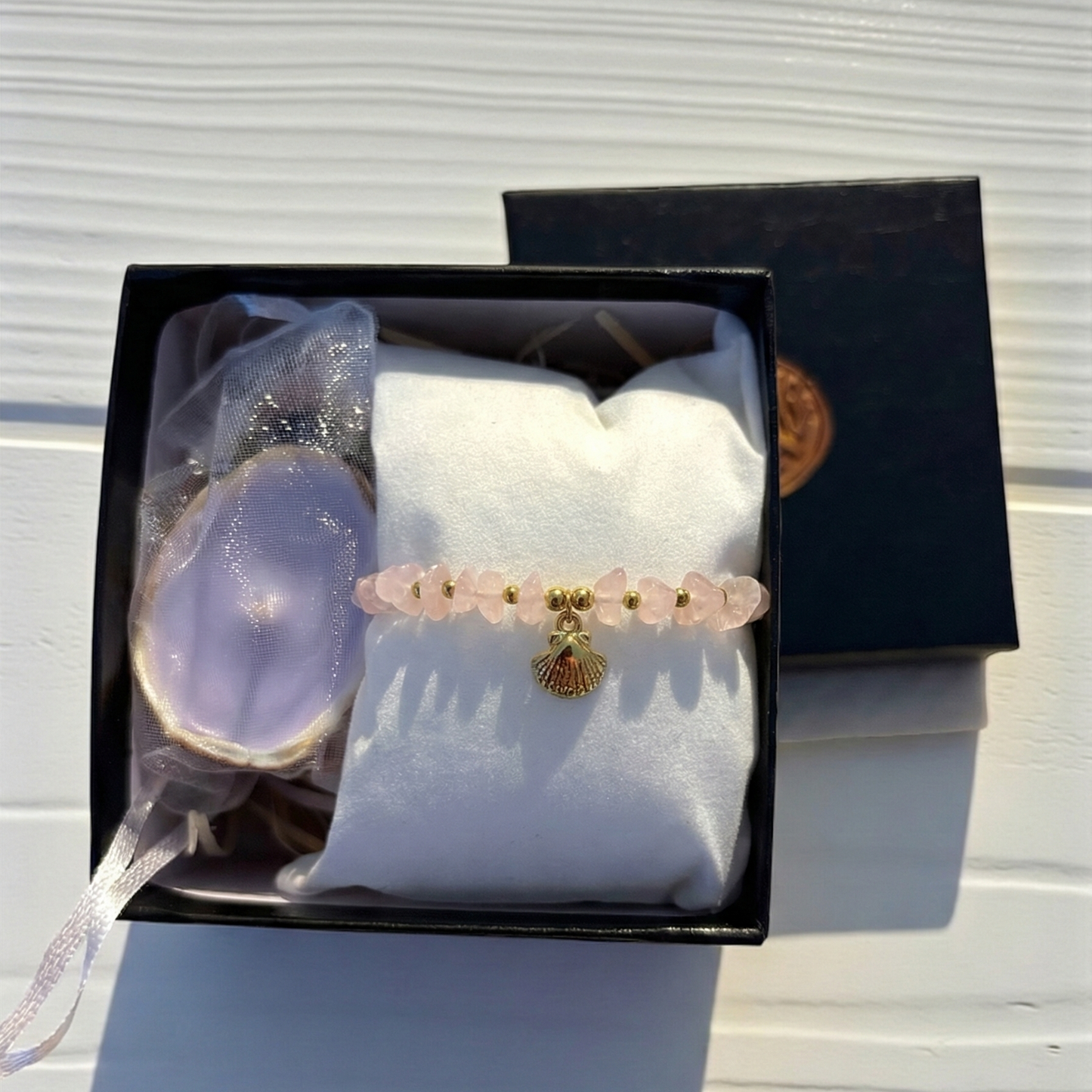 🩷 Pulsera de Cuarzo Rosa con Concha