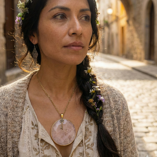 🌸 Colgante Engastado de Cuarzo Rosa · Auto-cuidado suave cada día