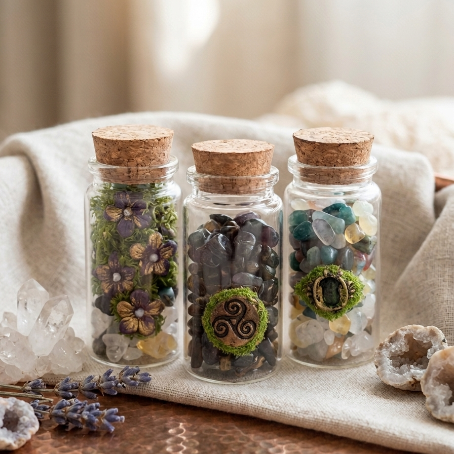 Colección Completa: 6 Pulseras con Intención + 3 Spell Jars
